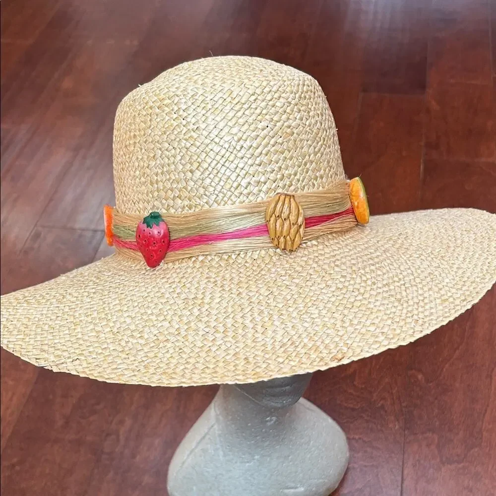 Woven Straw Hat with Fruit Details, Wide Brim Perfect for a Hot Day at the Beach